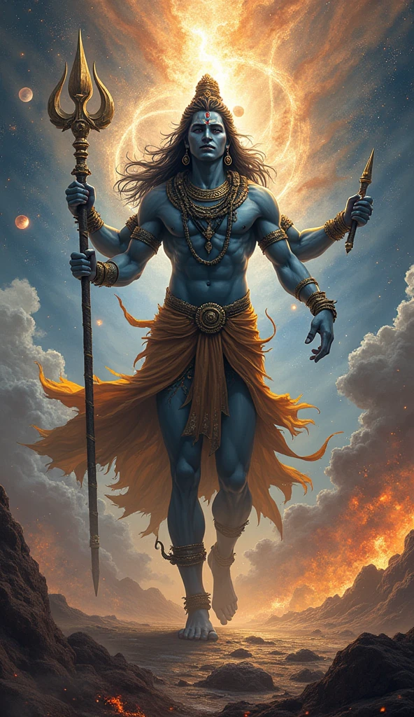 “A dramatic portrayal of Shiva in his destructive form during the dance, symbolizing the end of the universe. The background is filled with scenes of chaos—planets disintegrating, stars collapsing, and cosmic storms raging. Shiva stands at the center, his expression fierce and powerful, embodying the force of destruction.”