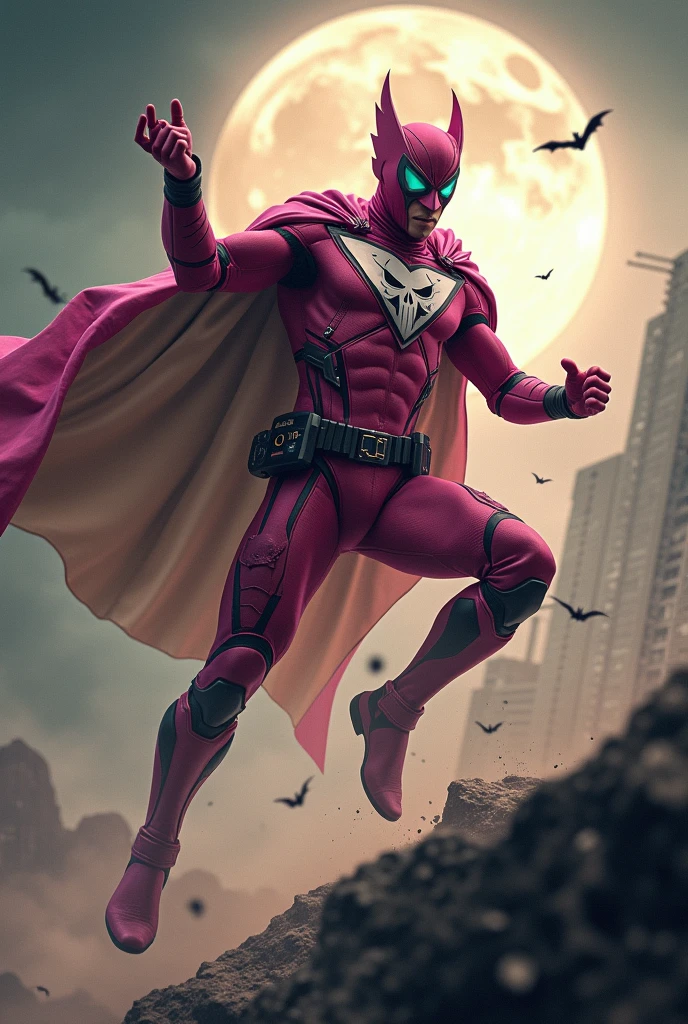 Malaysia man in high-tech suit, vivid effects, malaysian superhero(( (KELUANG MAN)) in a striking pink and brown beige costume cyberpunk design((, mask small mini bat ear beige,)) daredevil beige mask, jumpsuit dark pink stands confidently in a dramatic.jumping from high place.hero costume.one hand rise up. (Big triangle logo on the chest.high detail Punisher logo on the chest)). jumping from hight place. Fighting pose , stormy landscape. ((Head covered node guard like batman. Running pose , athletic body type, small mini ear bat mask))The character wears domino mask a helmet with pointed mini torn ears and a flowing cape biege, open nose and mouth. Equipped with visible futuristic weapons on a belt,bullet proof jacket pink dark day.show fingers pose, dark night, big supermoon effect . Small logo on chest triangle shape small ((mitch gerads punisher ))logo center triangle cyber logo center on chest pink logo mini logo . rocky. Building top.smoke ground , bomb effect background, losse pants, losses costume.adding to --ar 3:4 --style raw --stylize 500 --v 6.1. chaos. Lot of small flying bat. One leg on the high stone. Man. Backpack . Real man age 40 year old. One hand holding belt. Jump from high place. Open cape.