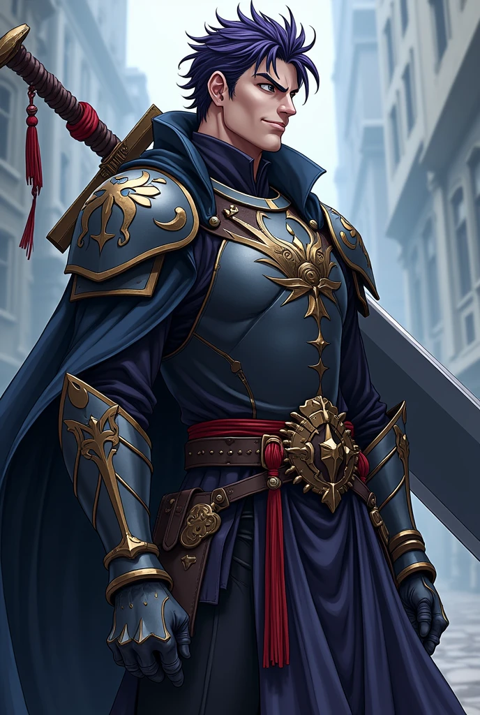 A character for my role-playing game has to look like this; man, noting that it measures 1.20cm tall, Tez blanca, hair between very dark purple and black, carrying a very large and heavy sword on his back, wearing semi-heavy armor, with a big arrogant smile on his face, in the style of medieval anime role-playing, doing a pose from the anime jojos bizarre adventure, with medium musculature, with shading in the style of the anime jojos bizarre adventure, 1