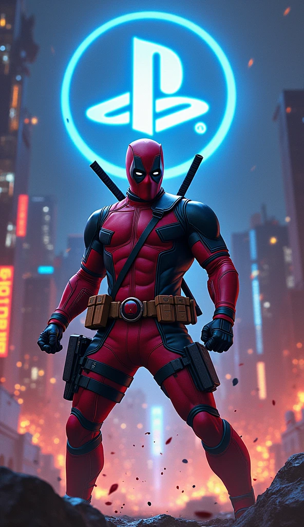 Deadpool fights against the playstation logo