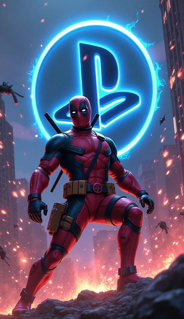 Deadpool fights against the playstation logo 
