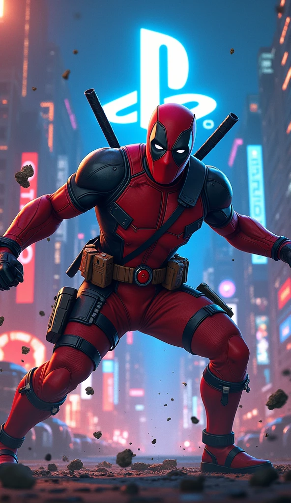 Deadpool fights against the playstation logo 