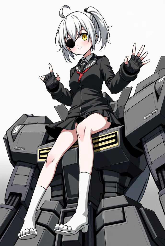 Medium height White short ponytail anime girl Determine yellow eye color with black eye patch wearing black school uniform, short skirt, long white sock, tactical glove sitting flashing her underwear on top a large battle Mecha. Manga art style. Black and white color