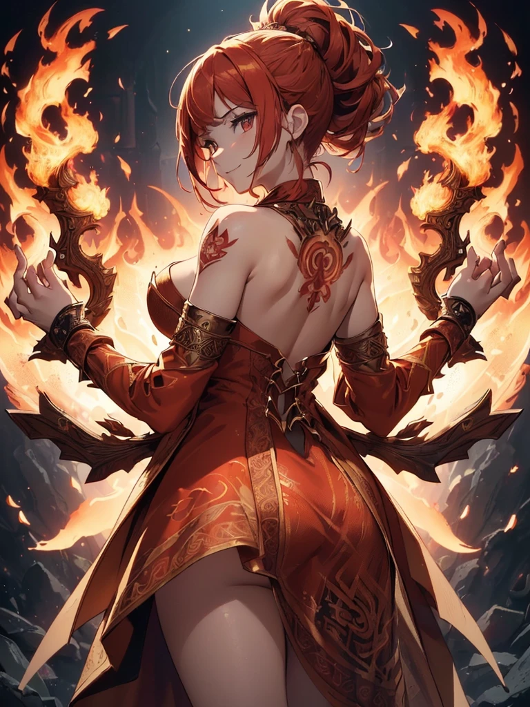 (((best quality, sharp image, clear image, cinematic lighting, 8k resolution, masterpiece, ultra detailed, intricate))) Girl, ((shot from behind)), ((close up)), look at viewer, fire mage, ((intricate background)), ((chaotic background)), red hair, smiling, ((flame runes, flame sigils)), (tatoo on back), slim figure, flying sigils, long dress, cute