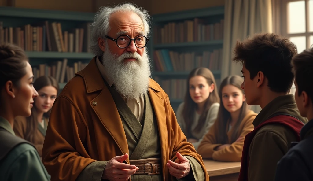 An old professor wearing glasses reflecting profound ancient wisdom is teaching students with a smiling face.