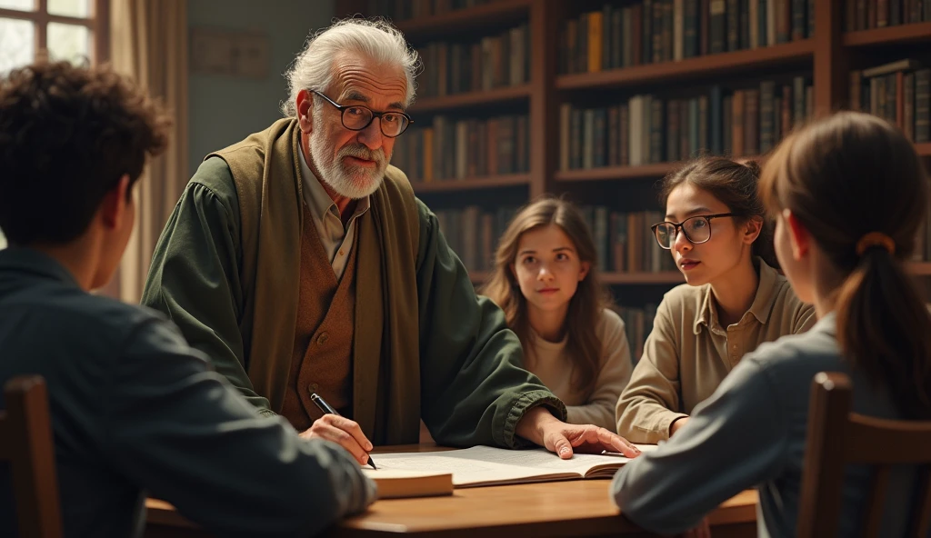 An old professor wearing glasses reflecting profound ancient wisdom is teaching students with a smiling face.