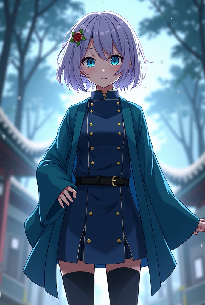 A girl with light lavender hair, Aqua green eyes, In the style of the anime Kimetsu no Yaiba. In the uniform of the demon hunters, dark blue color. The cut of the uniform is the same as Uzui&#39;s.. A shoulder-length haori in dark aqua blue. Demon slayer style