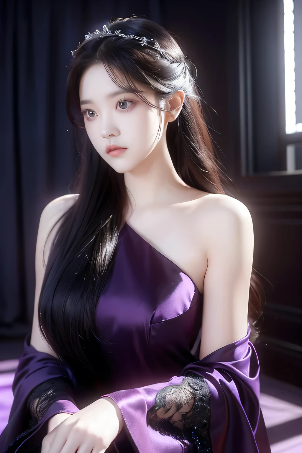 yeri rv, purple satin gown, long hair, beautiful detailed eyes, beautiful detailed lips, extremely detailed face, longeyelashes, elegant pose, dramatic lighting, cinematic, chiaroscuro, dramatic shadows, moody, atmospheric, photorealistic, 8k, best quality, masterpiece