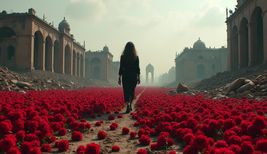 2024; (masterpiece, best quality) destroyed city roses on the floor(New Delhi); woman walking in a cemetery with millions of roses on the ground.