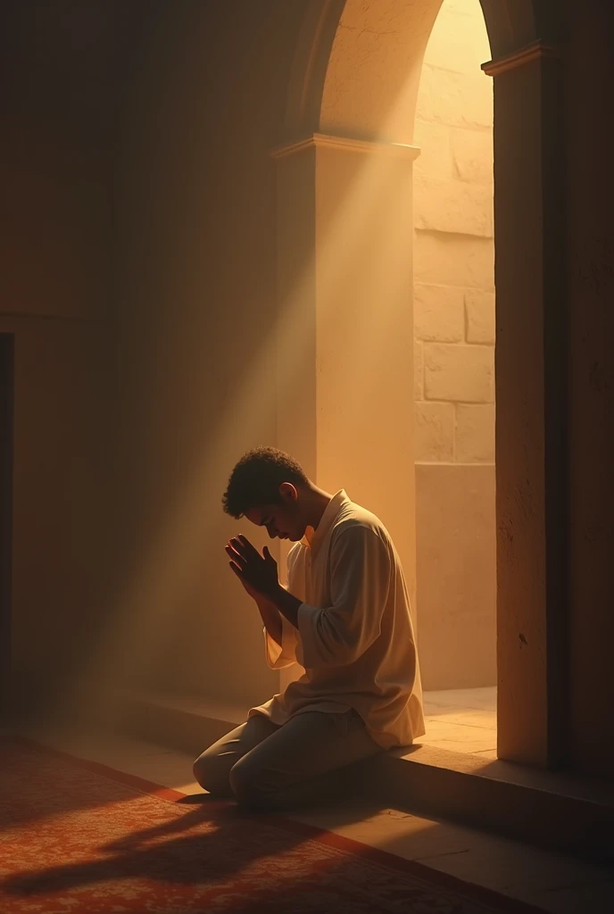 "Create a touching and inspiring image of a person engaged in fervent prayer, showing deep faith. Depict the individual kneeling or sitting in a quiet, serene space, with hands clasped and head bowed in earnest devotion. The background should be softly illuminated with warm, calming light that highlights the person's focused and sincere expression. Include subtle visual elements such as a faint aura or gentle rays of light around the person to symbolize the presence of divine support and connection. The overall atmosphere should convey a profound sense of peace, hope, and the power of sincere prayer."