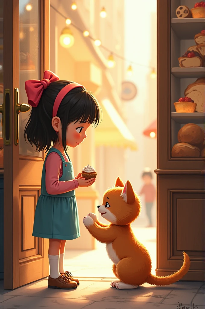 Once, in a bustling city, there was a small bakery renowned for its delicious pastries. One morning, a young girl named Emma walked in, eager to buy her favorite cinnamon roll. As she approached the counter, she noticed a kitten curled up in the corner, looking cold and hungry. 

Emma decided to buy an extra pastry and gently placed it beside the kitten. To her surprise, the kitten nuzzled the pastry and purred, clearly delighted. Emma smiled and left the bakery with a warm feeling in her heart. 

As the days went by, Emma made it a habit to visit the bakery not just for pastries, but to bring treats for the kitten, who she learned was named Muffin. Muffin became a beloved mascot of the bakery, and Emma's small act of kindness turned into a beautiful routine that brightened everyone's day.