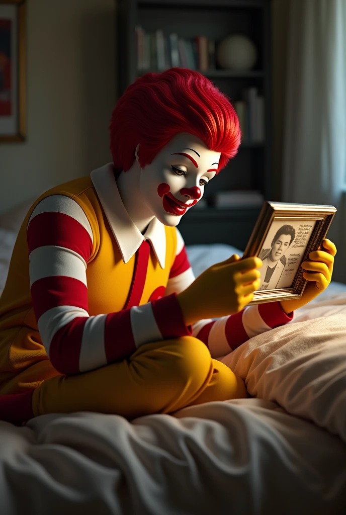 Ronald McDonald lying on a bed, holding and looking at a framed photo with the camera angle to the side