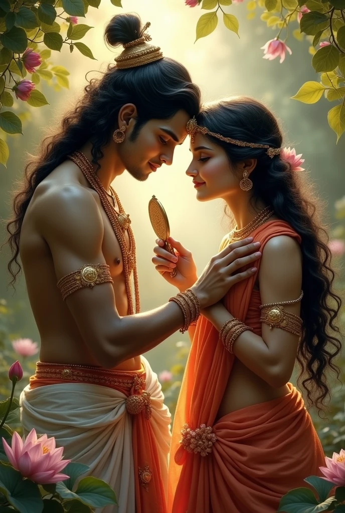 Shri krishna comb on shri radha's hair and shri radha seeing krishna face in a mirror which she holding in hand.