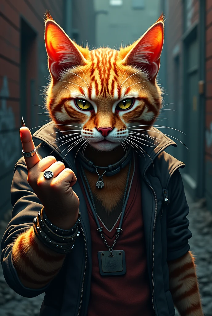create a cat with agressive actitude, rock n roll  and with his clenched fist palm up raising only his middle finger vertically