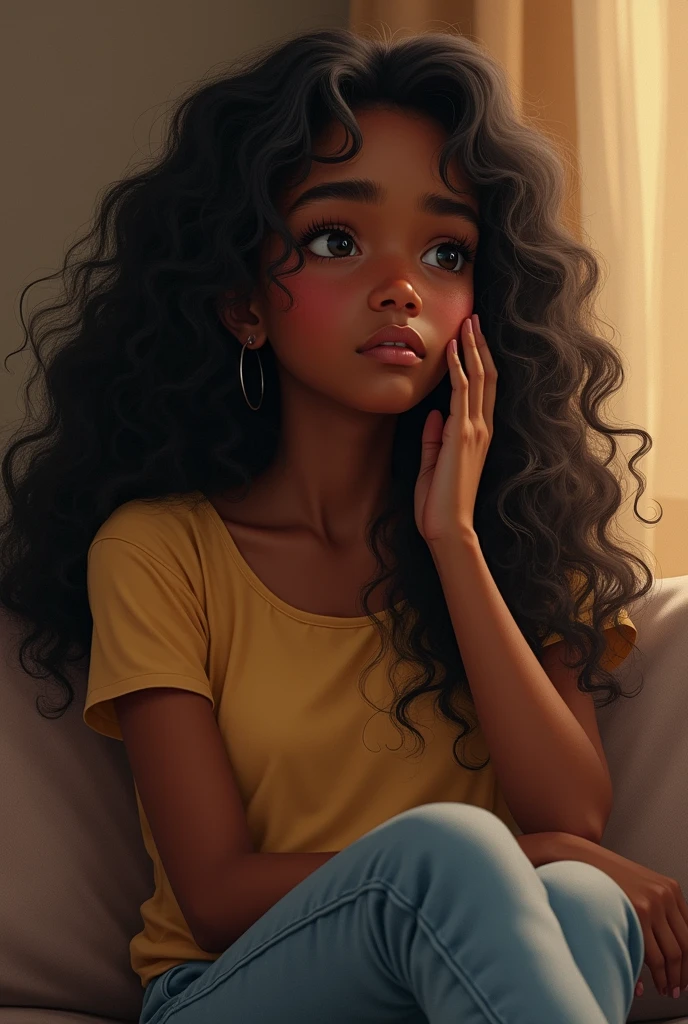 A long curly haired girl on the couch at her house black teenager black hair brown not so white not so black very brown thinking about a butterfly with a woodpecker confused