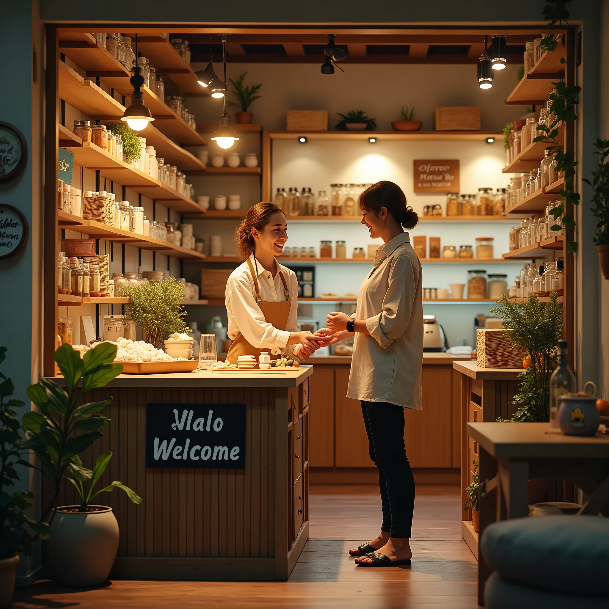 "A cozy and welcoming shop interior with warm lighting. The shop owner, dressed in a simple yet stylish outfit, is attentively helping a customer with a sincere smile. The shelves are neatly arranged with various products, each labeled clearly. There are small details like handwritten thank you notes, a friendly 'Welcome' sign at the entrance, and a comfortable seating area where customers can relax. The shop has a homely and inviting atmosphere, reflecting the care and dedication of the owner towards the customers.