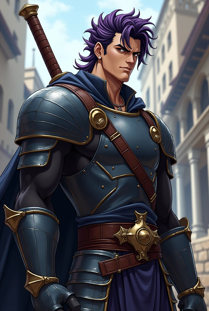 A character for my role-playing game has to look like this; man, noting that it measures 1.20cm tall, Tez blanca, hair between very dark purple and black, carrying a very large and heavy sword on his back, wearing semi-heavy armor, with a big arrogant smile on his face, in the style of medieval anime role-playing, doing an iconic pose from the anime jojos bizarre adventure, with medium musculature, with shading in the style of the anime jojos bizarre adventure, 1