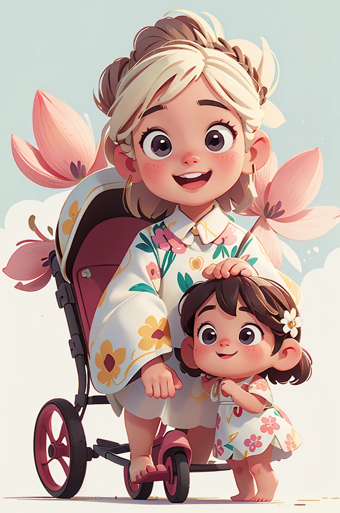 Perfect ???????, 1 girl, with a baby stroller, with a white background, wearing a floral dress, happy and looking at the camera, cute appearance, cute face, barefoot