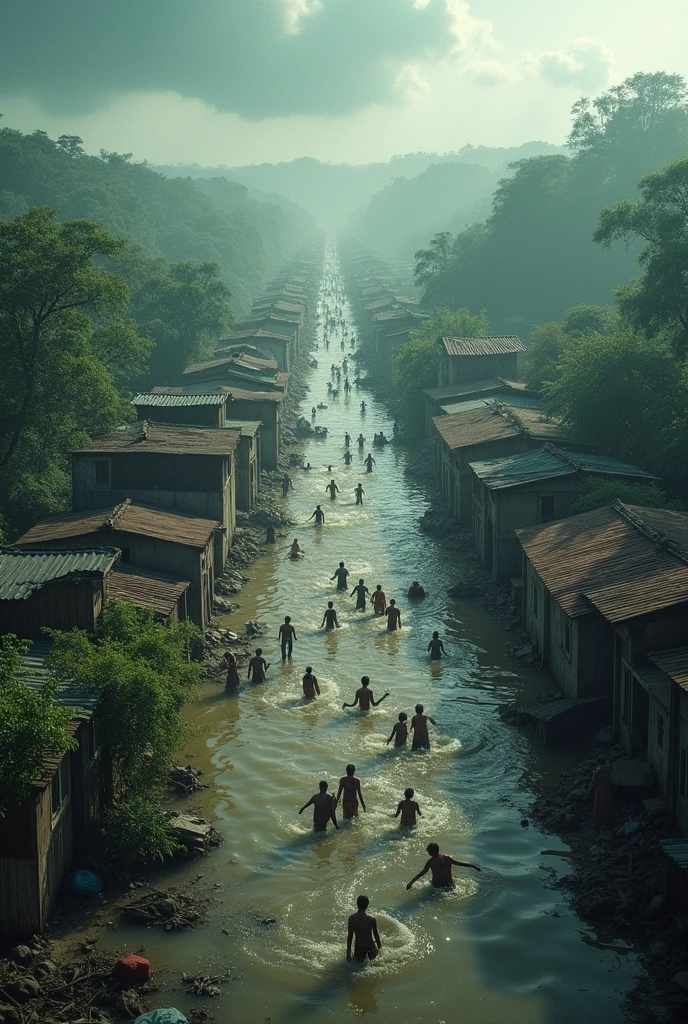 Draw a picture of Feni town being submerged and thousands of people dying due to the release of Farakka Dam in India. 