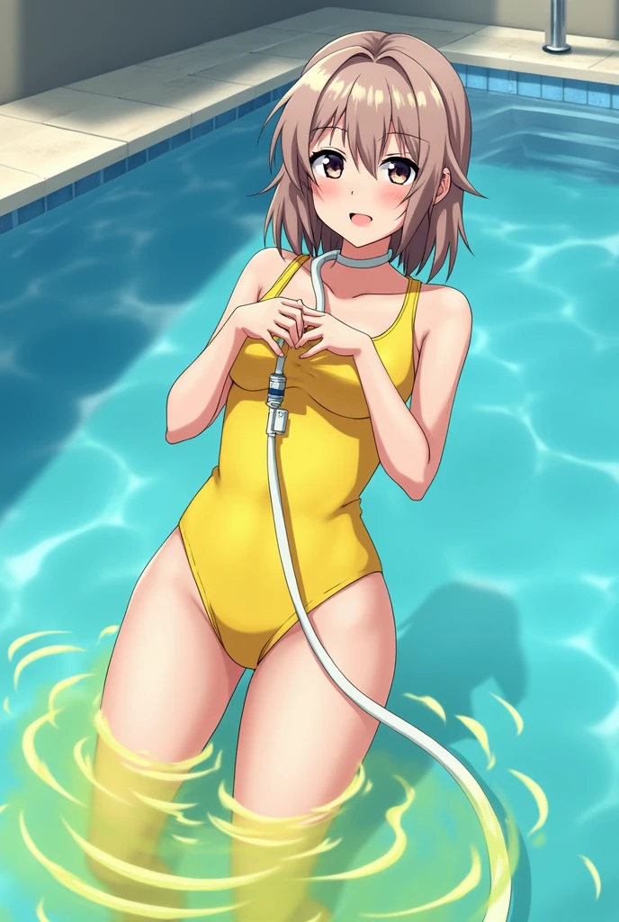 Anime, girl, girl in a swimsuit, girl in a swimsuit with a tube that is inserted into a swimsuit, pees, pees herself, pees with yellow urine, pees into a tube that is inserted into a swimsuit, yellow urine flows from a tube that is inserted into a swimsuit, urine flows into the pool, bright yellow urine dissolves in the pool