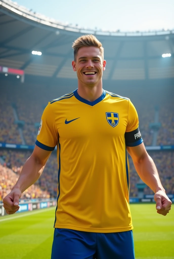 Young Swedish man wearing football uniform in a stadium smiling 