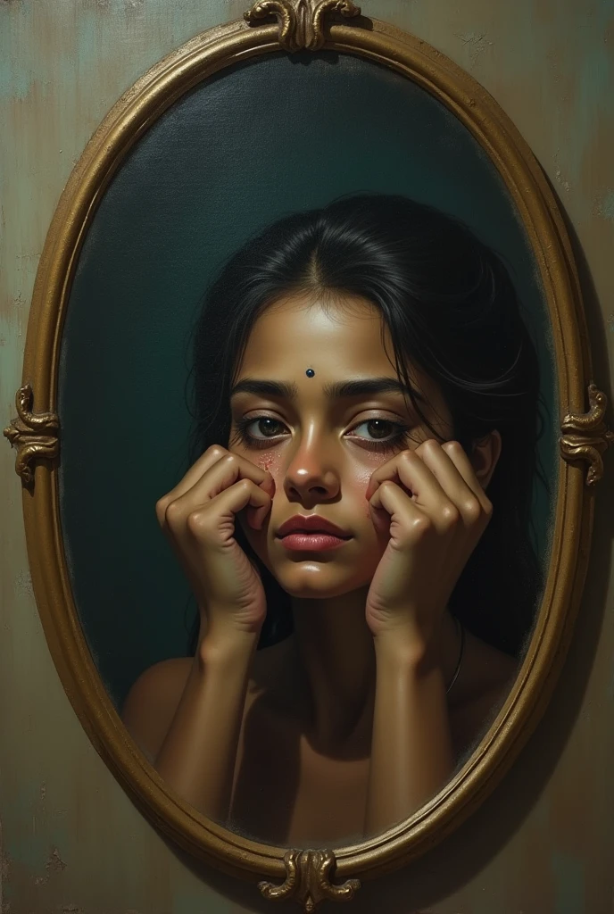 एक व्यक्ति भीगी हुई आंखों से आए ना देख रहा है और आईना मैं उसे व्यक्ति का प्रतिबिंब धुंधला नजर आ रहा है रियल एस्टेट पेंटिंग इंडियन स्टाइल