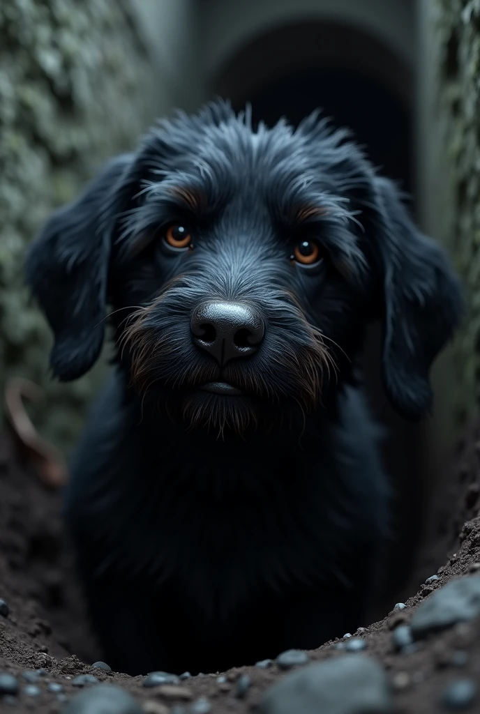 black dog ,Scrawny ,with a snout with a small white spot ,shell hairs ,down the drain.