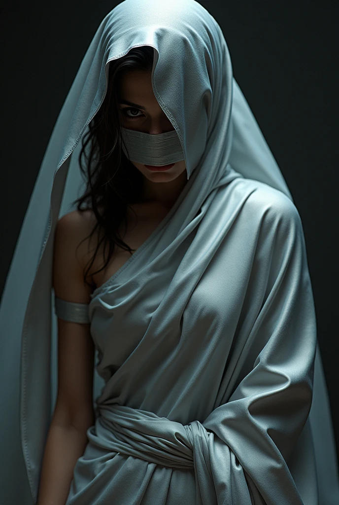 Duct tape gagged in silver saree