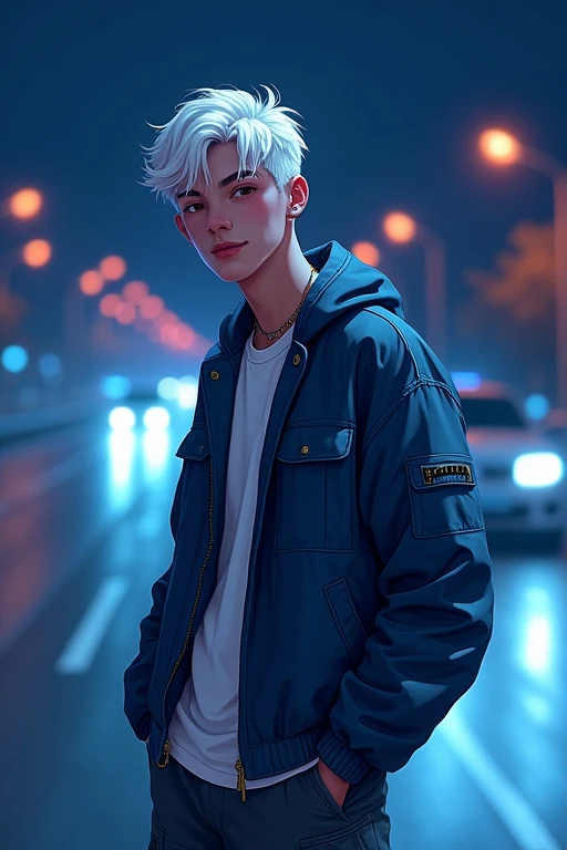 ((masterpiece)), (((best quality))), chromatic lighting,
colorized, white + blue limited color palette, 
detailed concept drawing,
Along a highway, nighttime, street fashion, no weird object on his face,
portrait, 25yo 1guy, slender, cargo pants, short white hair, black eyes, smiling