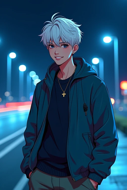 ((masterpiece)), (((best quality))), chromatic lighting,
colorized, white + blue limited color palette, 
detailed concept drawing,
Along a highway, nighttime, street fashion, no weird object on his face,
portrait, 25yo 1guy, slender, cargo pants, short white hair, black eyes, smiling