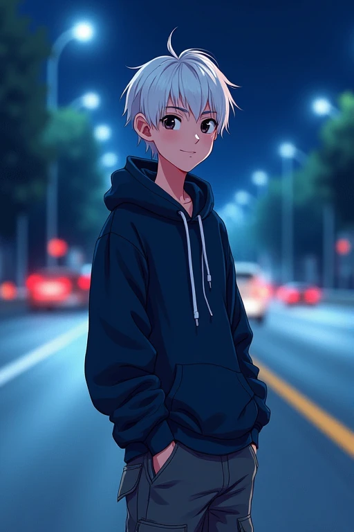 ((masterpiece)), (((best quality))), chromatic lighting,
colorized, white + blue limited color palette, 
detailed concept drawing,
Along a highway, nighttime, street fashion, no weird object on his face,
portrait, 25yo 1guy, slender, cargo pants, short white hair, black eyes, smiling