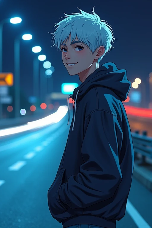 ((masterpiece)), (((best quality))), chromatic lighting,
colorized, white + blue limited color palette, 
detailed concept drawing,
Along a highway, nighttime, street fashion, no weird object on his face,
portrait, 25yo 1guy, slender, cargo pants, short white hair, black eyes, smiling