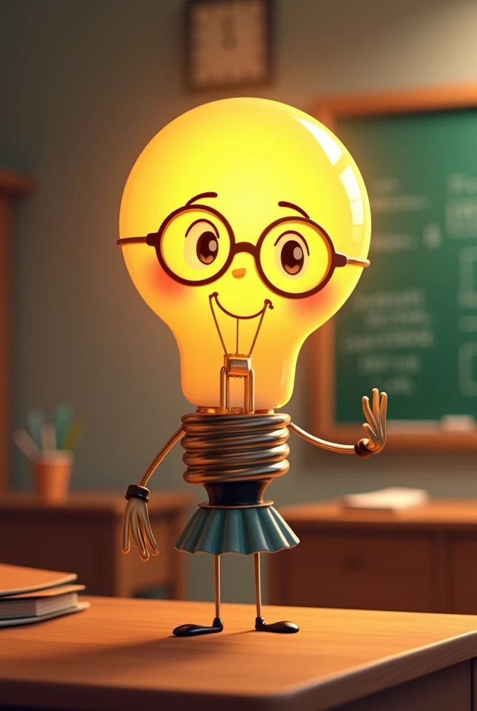 Light bulb with face hands and legs animated woman with cheerful and intellectual personality with glasses as a teacher 