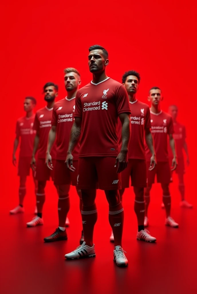 3d characters,Liverpool football team players,(full body:1.2),simple background, Masterpiece,best quality,(Red gradient background:1.1)