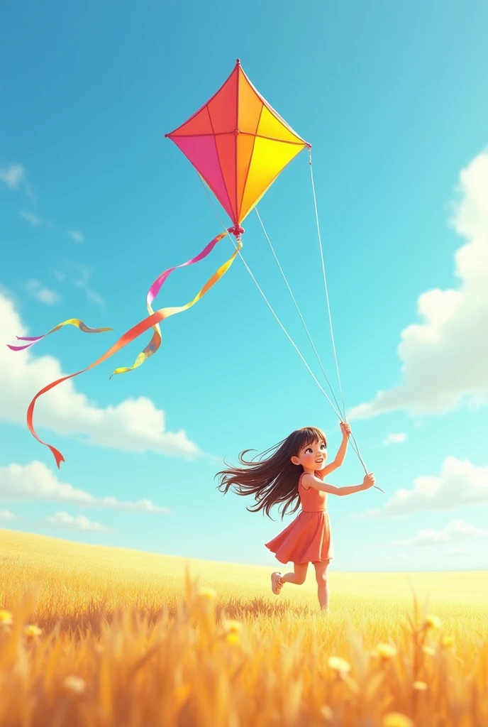 The character stands in an open field, holding the string of a colorful kite that dances in the sky. They run with the wind, laughing as the kite soars higher and higher. The character has long, straight, messy, browns  hair, bright yellow eyes, snow-white skin, a perfect and delicate face, she is very beautiful and is 2, make the image in the Pixar style Disney, in 9:16 format.