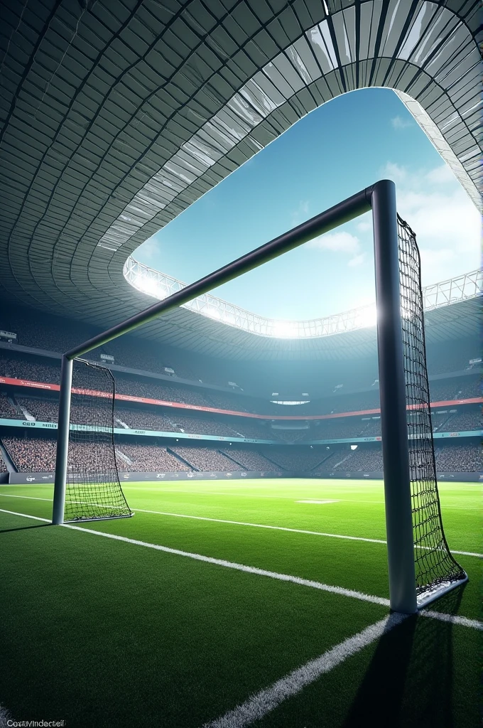 Real football goalpost from right corner to left corner on the field and the crossbar touching the roof