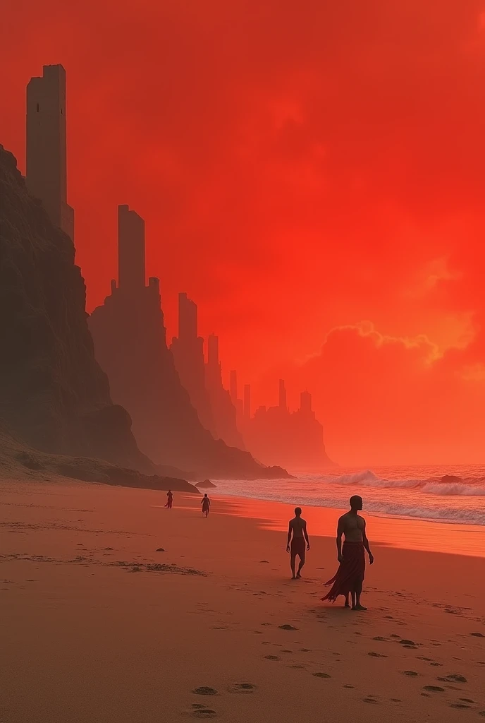 Red atmosphere beach with a flame sky, flat sand continental side with some temples scattered around, faceless people with no clothes wandering, turbulent sea  