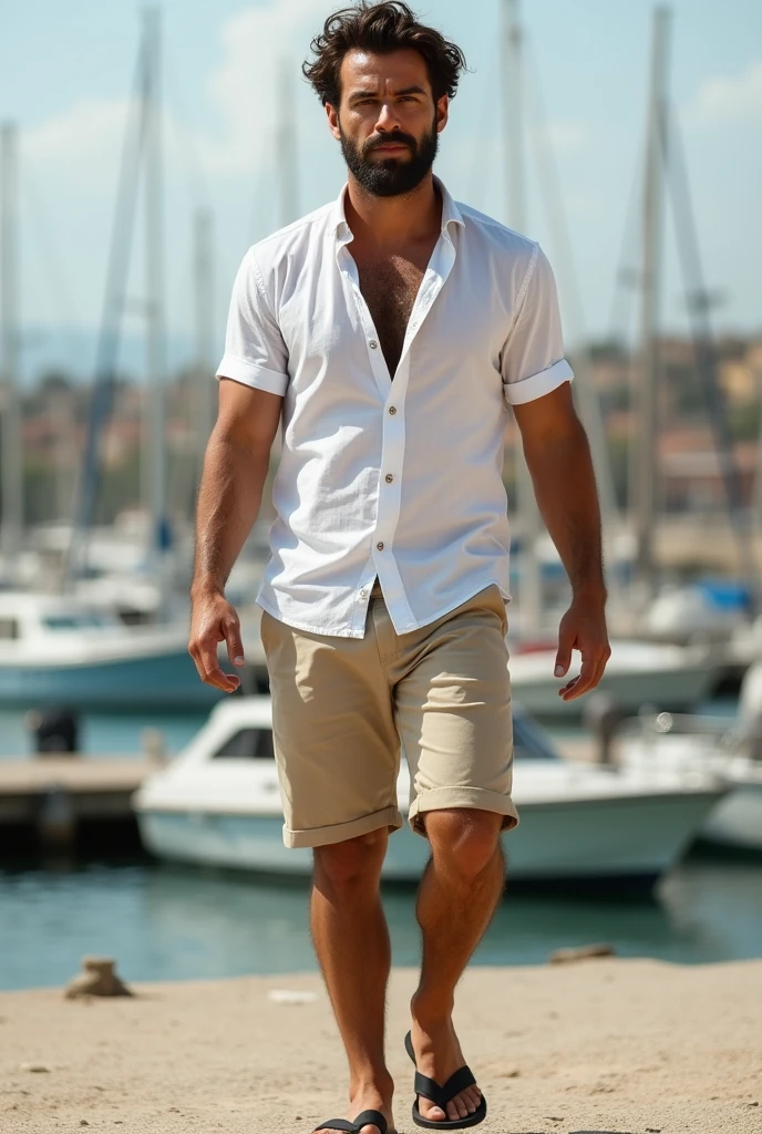 Create a realistic photo, Typical Spanish man with a beard and mustache,
 very handsome man with a charming and deep look, green eyes, brown hair,
 ((entire body)) hyper realistic photos, dressed in beige shorts, white shirt, black flip-flops, walking on a port background image: boats, head to toe, whole body, hyper realistic photo