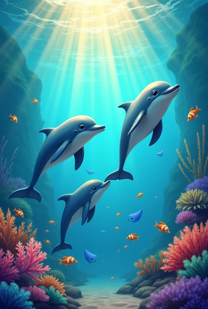 Dolphins swimming over vibrant sea cute vibes