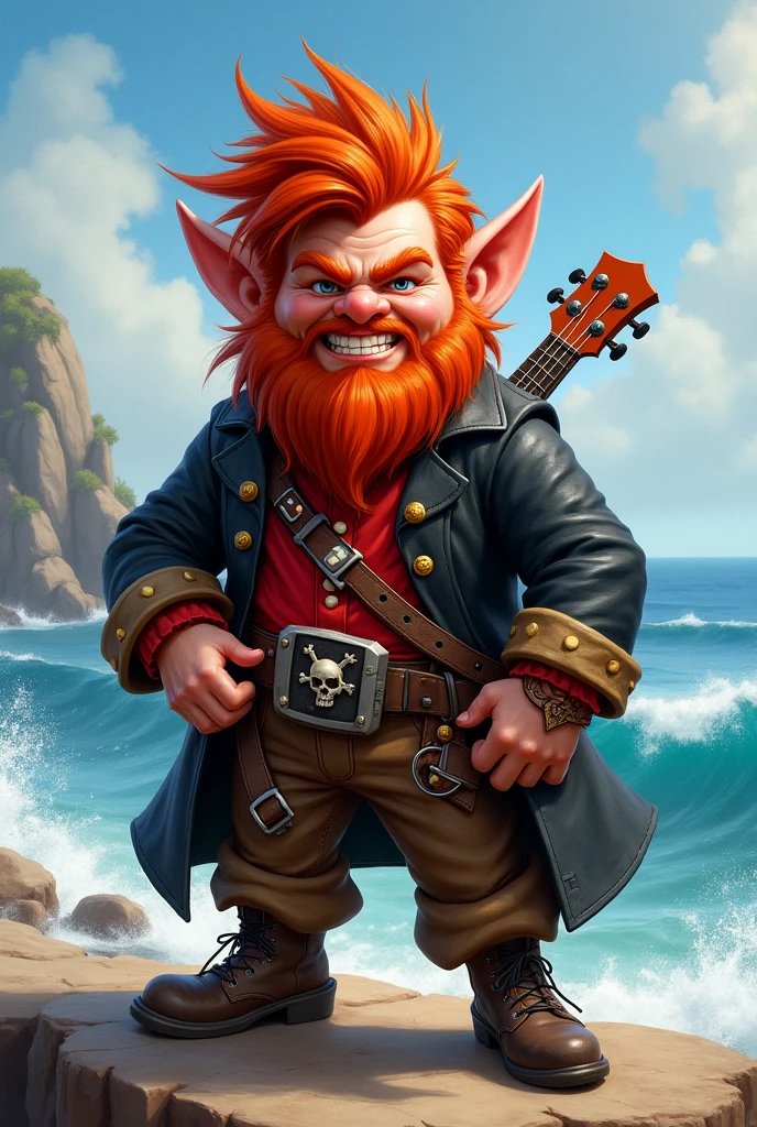 Red-haired spiky-haired pirate bard gnome, with red shirt, black leather jacket, Brown pants, with a ukulele on his back