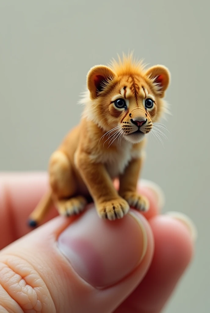 Photorealistic, 34k, A micro lion perched on a human finger
