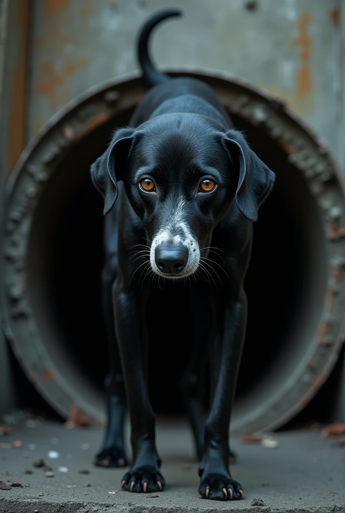 black dog ,Scrawny ,with a snout with a small white spot ,brown eyes ,down the drain.