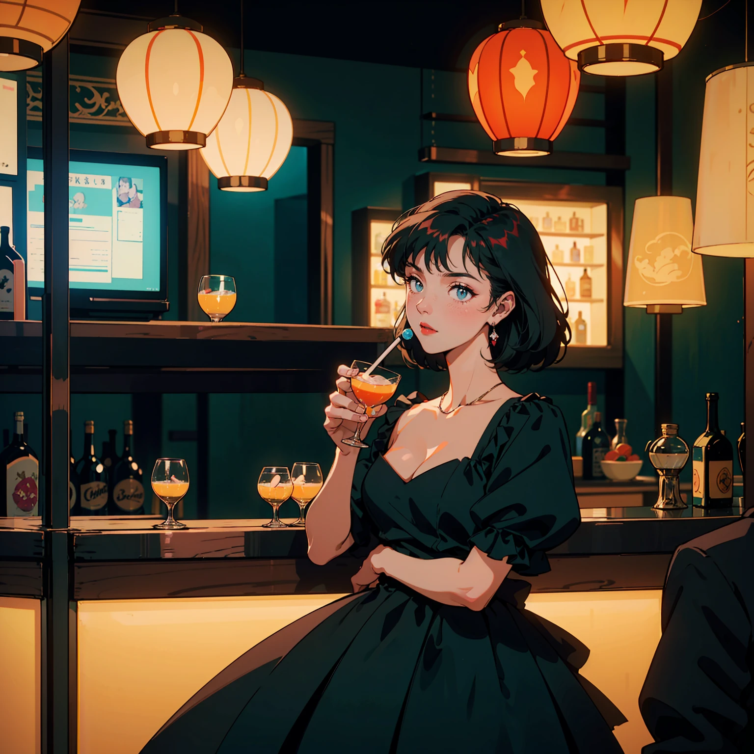 Classic bar counter,Cocktail,A dress with atmosphere, Adult woman sighing , smile, (Backlight: 1.1), A scene from a movie, Soft Shadows, masterpiece, Highest quality, Complex, Model shooting style, Film Grain, Wide Shot、Red lipstick、Blue tones
