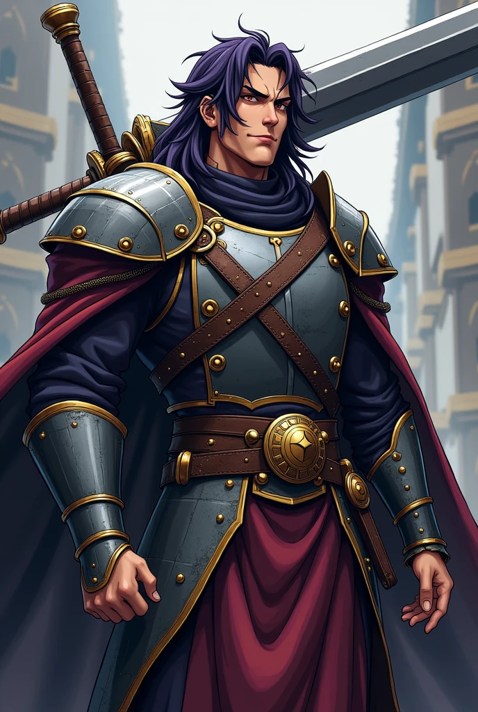 A character for my role-playing game has to look like this; man, noting that it measures 1.20cm tall, Tez blanca, hair between very dark purple and black, carrying a very large and heavy sword on his back, wearing semi-heavy armor, with a big arrogant smile on his face, in the style of medieval anime role-playing, doing an iconic pose from the anime jojos bizarre adventure, with medium musculature, with shading in the style of the anime jojos bizarre adventure, 1