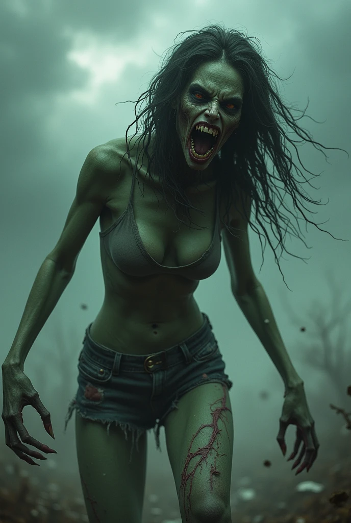 A long dead Nude female zombie, rotten, decay, grey skin, rotten pussy full of maggots, vagina, huge breasts, dead, bloated