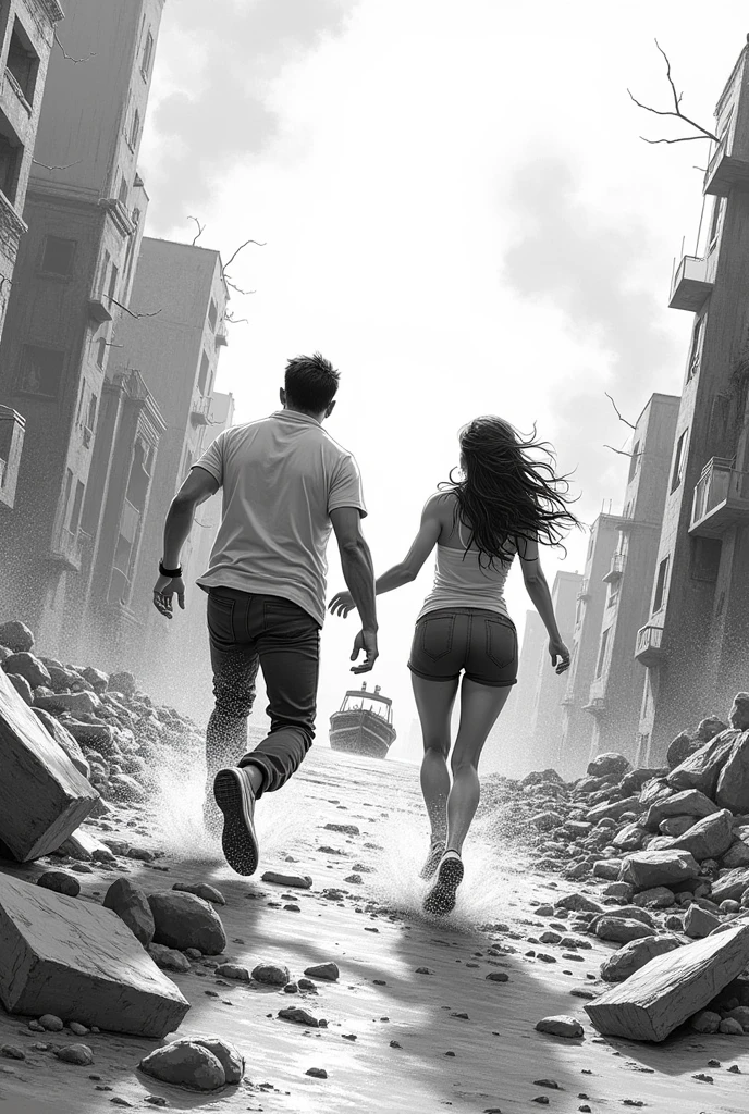 Make an easy to draw black and white drawing that isn&#39;t too realistic, of a man and a woman running towards a boat while everything around them is being destroyed and burned. put them running towards the sea to a boat , Make them both a little bigger so they don&#39;t look so childish , Don&#39;t make the drawing so realistic, Place the people with their backs turned and the arm in front of them , put the barb closer to them 