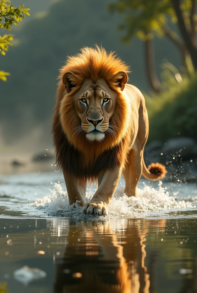 Beautiful lion walking in lake side 