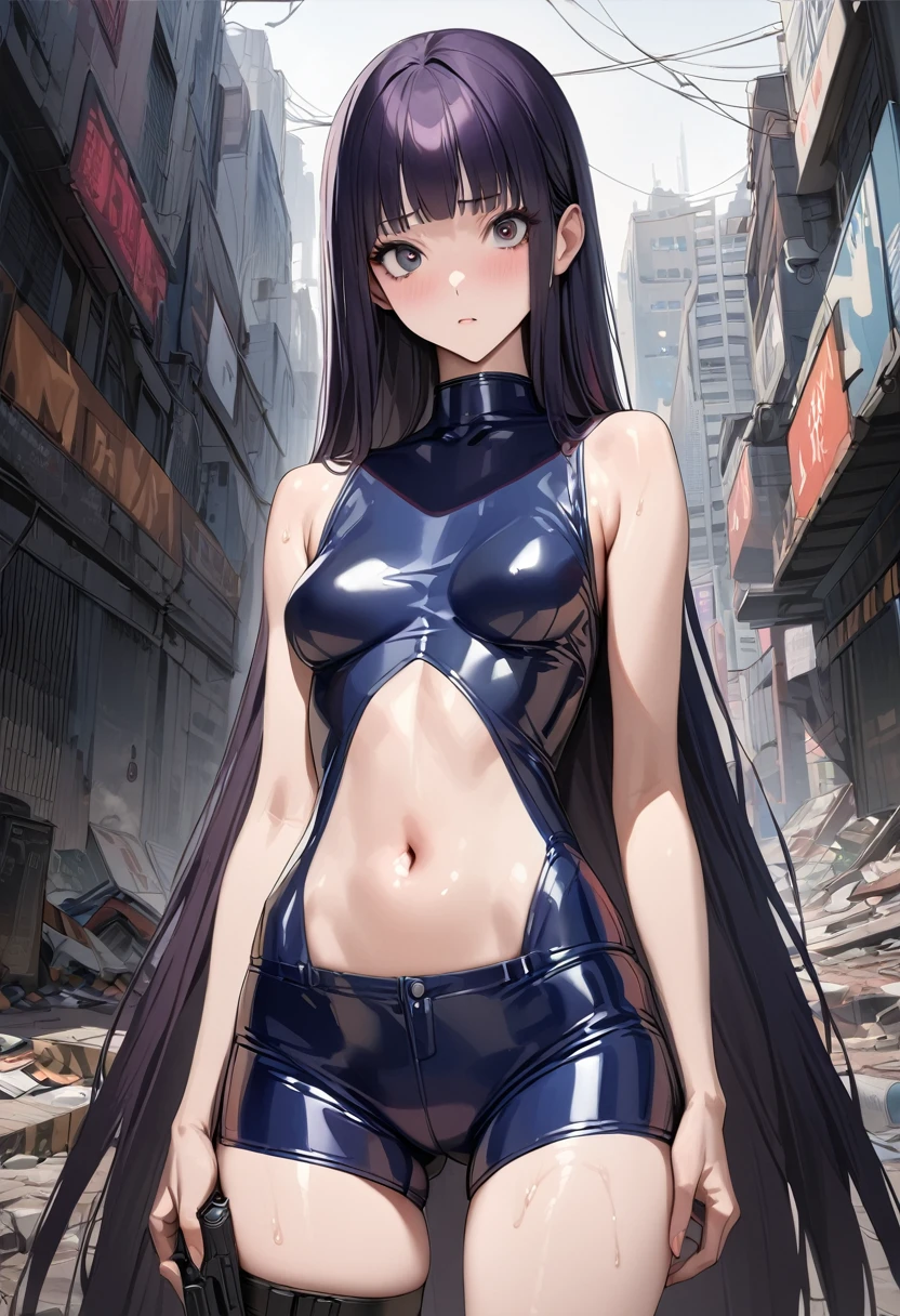((masterpiece,best quality anime,Highest quality:1.3)),realistic,cowboy shot,1woman,独奏,(30 year old beauty),((very small head:1.4)),((very long body:1.4)),(dark blue hair),straight long hair,(gorgeous big eyes),black eyes,Serious expression,((slender body:1.4,skinny)),(dark blue turtleneck sleeveles,navel、Navy blue latex shorts),Leg holster medium breasts,,oily skin:1.2,gleaming skin,shiny skin, (holding handgun),standing,on road,Ruined city、Collapsed Buildings、Cyberpunk World、