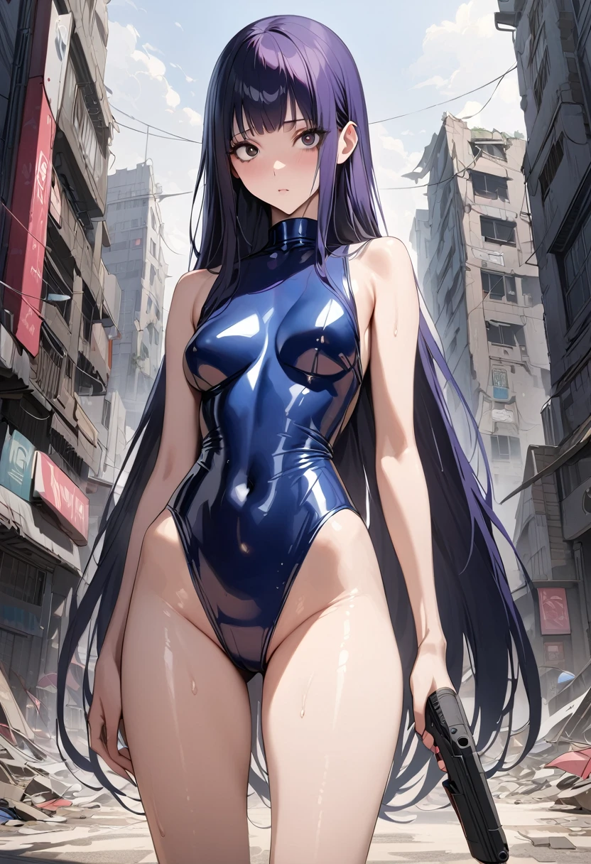 ((masterpiece,best quality anime,Highest quality:1.3)),realistic,cowboy shot,1woman,独奏,(30 year old beauty),((very small head:1.4)),((very long body:1.4)),(dark blue hair),straight long hair,(gorgeous big eyes),black eyes,Serious expression,((slender body:1.4,skinny)),(dark blue turtleneck sleeveles,navel、Navy blue latex shorts),Leg holster medium breasts,,oily skin:1.2,gleaming skin,shiny skin, (holding handgun),standing,on road,Ruined city、Collapsed Buildings、Cyberpunk World、