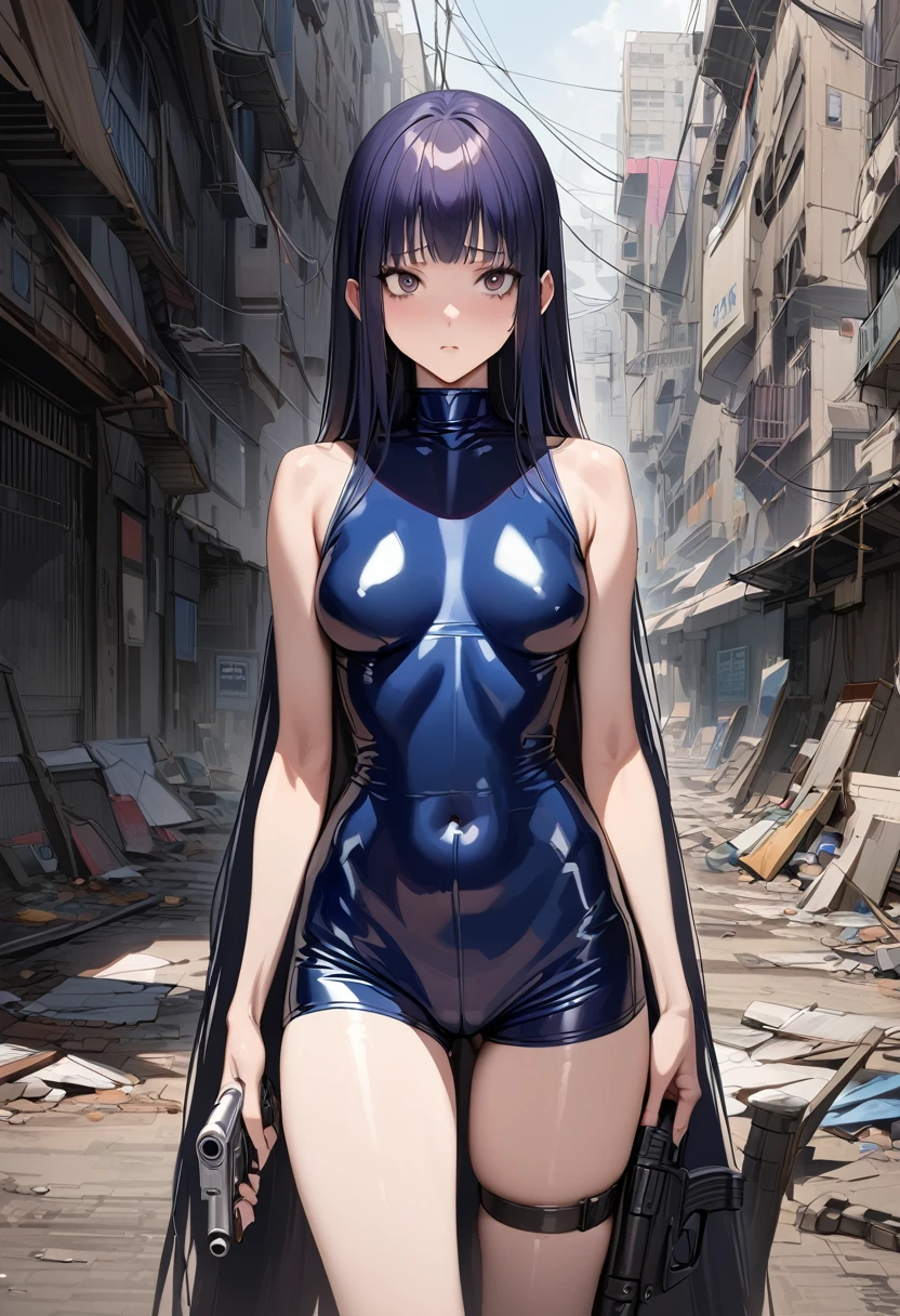 ((masterpiece,best quality anime,Highest quality:1.3)),realistic,cowboy shot,1woman,独奏,(30 year old beauty),((very small head:1.4)),((very long body:1.4)),(dark blue hair),straight long hair,(gorgeous big eyes),black eyes,Serious expression,((slender body:1.4,skinny)),(dark blue turtleneck sleeveles,navel、Navy blue latex shorts),Leg holster medium breasts,,oily skin:1.2,gleaming skin,shiny skin, (holding handgun),standing,on road,Ruined city、Collapsed Buildings、Cyberpunk World、
